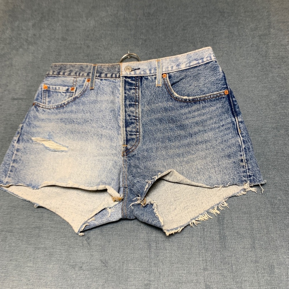 Levi's Premium Cut Off Shorts Women 29 Blue Denim Distressed Two Tone Button Fly
